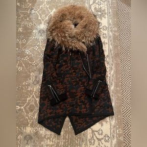 Veronica Beard Black and Burgundy Patterned Coat with Fur Collar